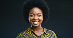 Portrait, black woman and hair care with smile in studio for afro, natural growth and textures. Confident, female person and cosmetics for scalp care, healthy shine and treatment on dark background