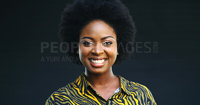 Buy stock photo Portrait, black woman and haircare with smile in studio for afro, natural growth and textures. Confident, female person and cosmetics for scalp care, healthy shine and treatment on dark background