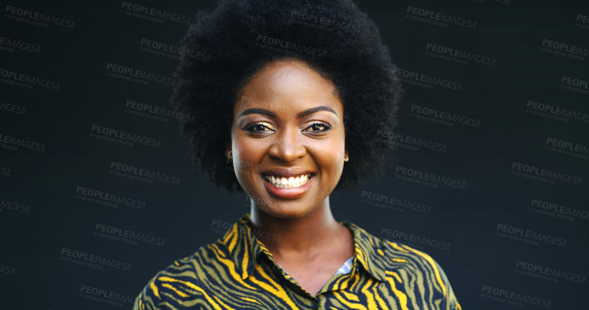 Buy stock photo Portrait, black woman and haircare with smile in studio for afro, natural growth and textures. Confident, female person and cosmetics for scalp care, healthy shine and treatment on dark background