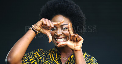 Buy stock photo Portrait, black woman and finger frame in studio to review profile picture on grey background. Female person, African model and planning perspective for photography, creative inspiration or hand sign