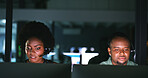 Black people, coworking and computer in call centre at night for customer service, crm and assistance. Staff, headset and pc for online advice, helping client and problem solving for inquiry deadline