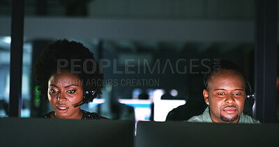 Buy stock photo Black people, coworking and computer in call centre at night for customer service, crm and assistance. Staff, headset and pc for online advice, helping client and problem solving for inquiry deadline