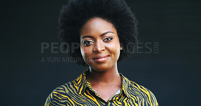 Buy stock photo Portrait, black woman and haircare with beauty in studio for afro, natural growth and textures. Confident, female person and cosmetics for scalp care, healthy shine and treatment on dark background