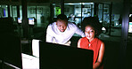 Night, help and business people on computer in office for finance review, budget planning and report. Corporate, teamwork and man with woman on pc for working late, discussion and proposal feedback