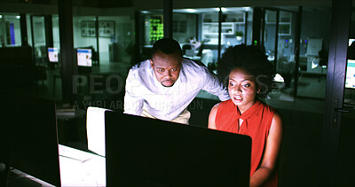 Buy stock photo Night, help and business people on computer in office for finance review, budget planning and report. Corporate, teamwork and man with woman on pc for working late, discussion and proposal feedback