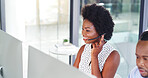 Call center, computer and smile with business black woman in office for insurance broker, consultant and claims advisor. Contact us, premium help desk and agent with person for policy benefits