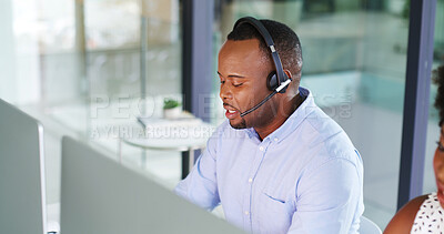 Buy stock photo Call center, computer and headset with business black man in office for insurance broker, consultant and claims advisor. Contact us, premium help desk and agent with person for policy benefits