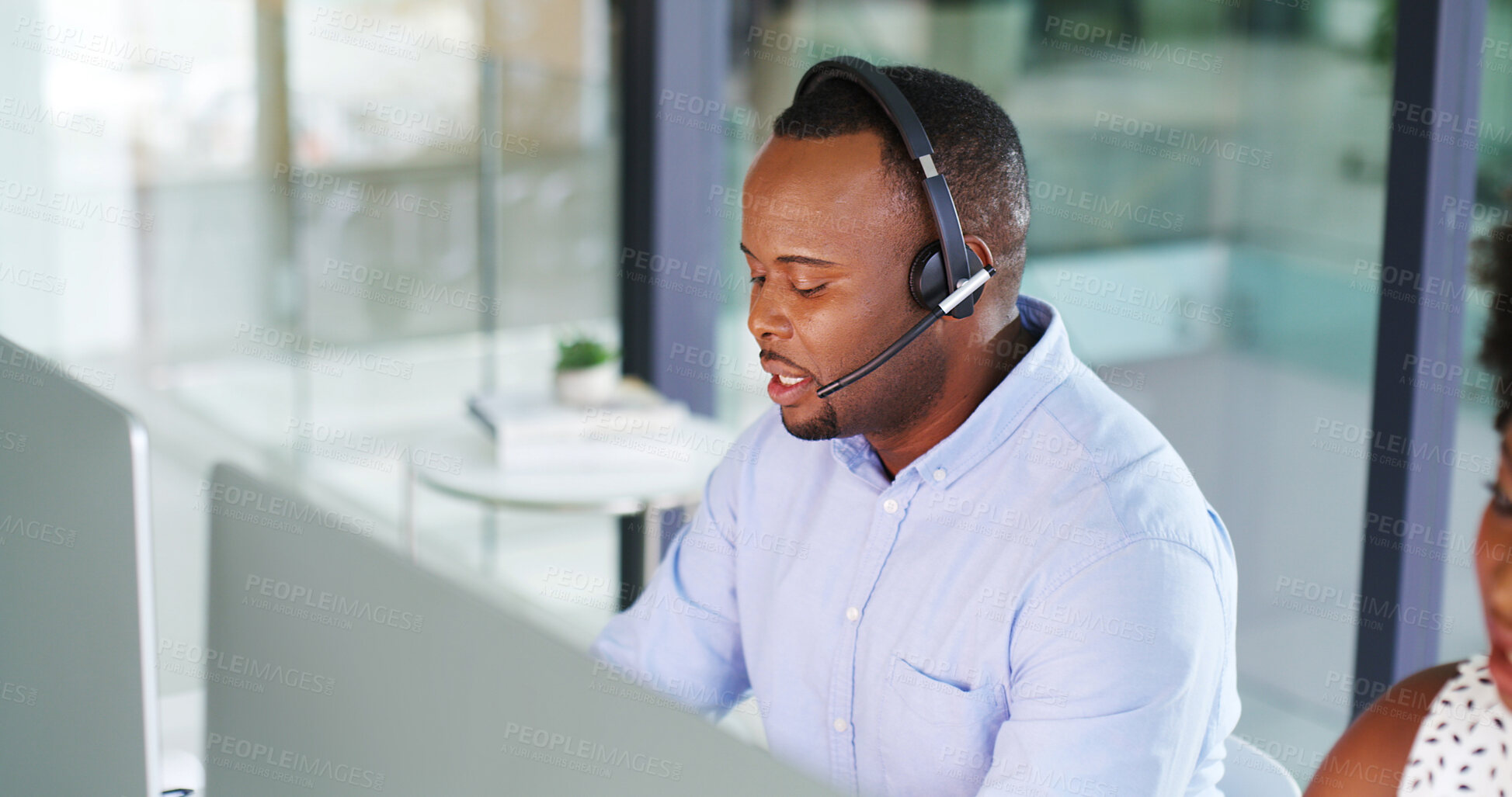 Buy stock photo Call center, computer and headset with business black man in office for insurance broker, consultant and claims advisor. Contact us, premium help desk and agent with person for policy benefits