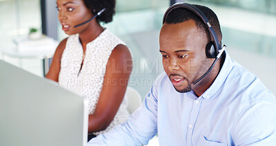 Buy stock photo Contact center, business or black man with computer for support, quality assurance or coworking. Call monitoring specialist, listen or agent with feedback, crm compliance or help for customer service