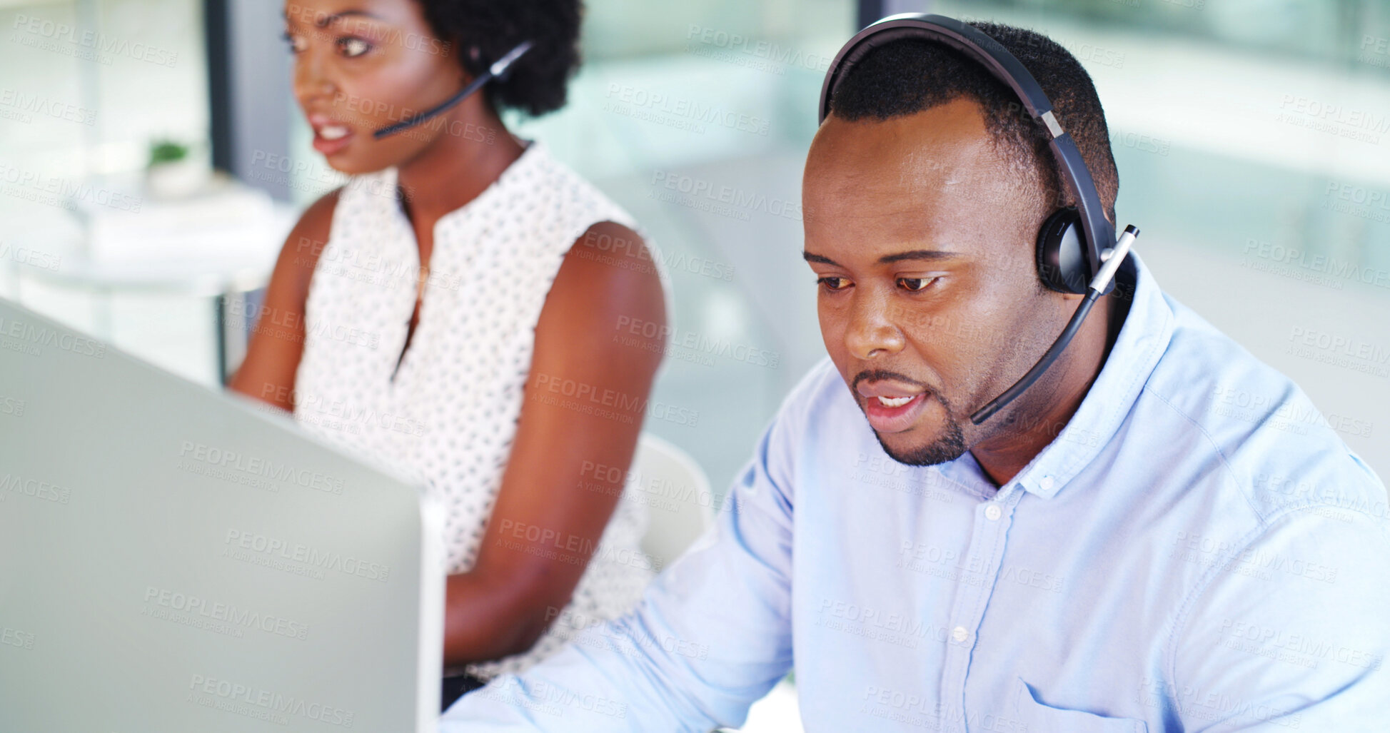 Buy stock photo Contact center, business or black man with computer for support, quality assurance or coworking. Call monitoring specialist, listen or agent with feedback, crm compliance or help for customer service