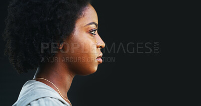 Buy stock photo Psychology, mental health or woman with depression in studio, stress or thinking in negative mindset. Sad, alone or African person in mockup space with despair, anxiety or sorrow on black background