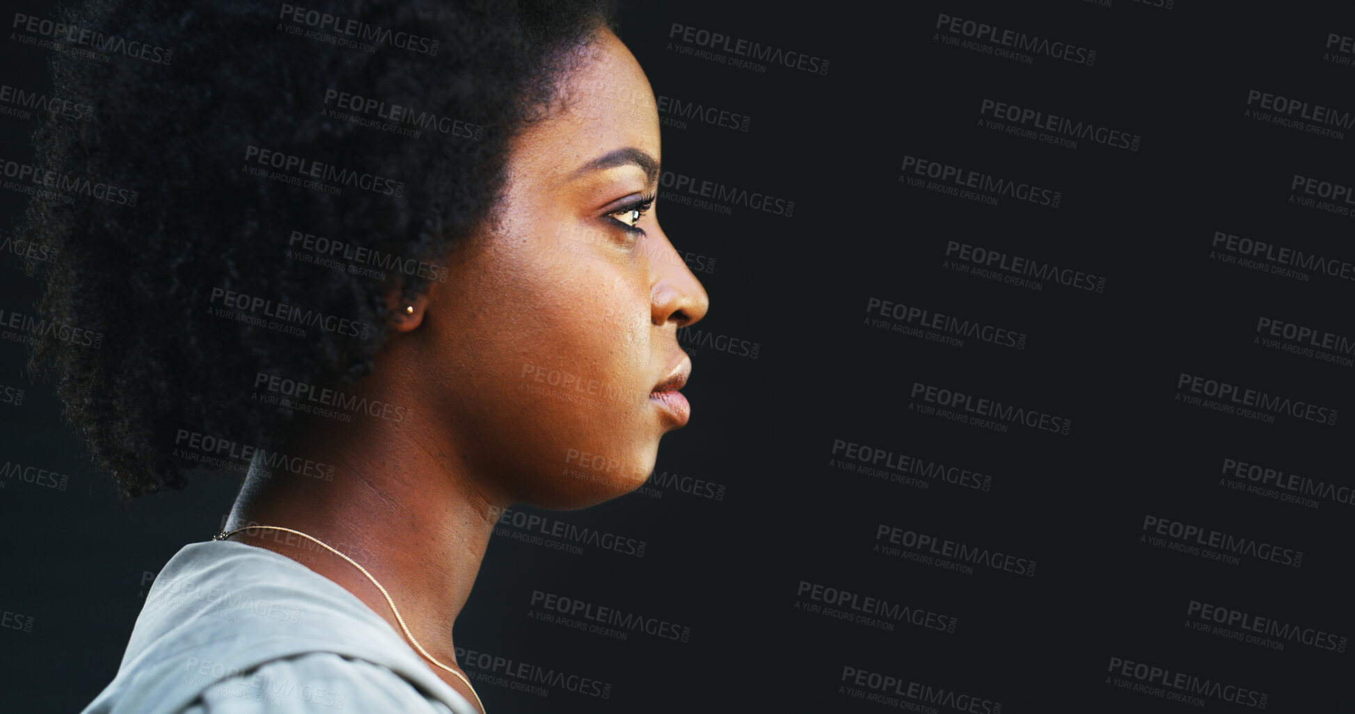 Buy stock photo Psychology, mental health or woman with depression in studio, stress or thinking in negative mindset. Sad, alone or African person in mockup space with despair, anxiety or sorrow on black background