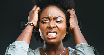 Buy stock photo Sad, black woman and frustrated with burnout, risk and regret on studio grey background. Crisis, stress and African person with anxiety, rage or anger emoji with issue, mistake or emotional with fail