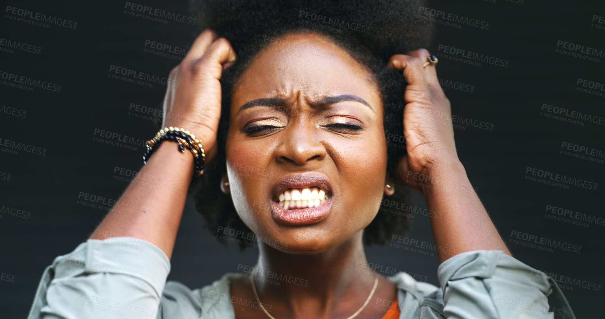 Buy stock photo Sad, black woman and frustrated with burnout, risk and regret on studio grey background. Crisis, stress and African person with anxiety, rage or anger emoji with issue, mistake or emotional with fail