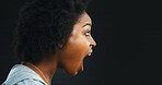 Angry, scream and profile of black woman with shout, yelling or frustrated in studio. Crisis, stress and person voice anger with rage, anxiety and annoyed with mockup space on gray background