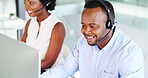 Call center, business and happy black man with computer for quality assurance or coworking. Contact us, listen and agent with help for feedback, support or customer service with monitoring specialist