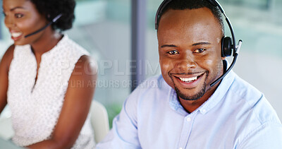 Buy stock photo Call center, portrait and smile with business black man in office for insurance broker, consultant and claims advisor. Contact us, premium help desk and agent with person for policy benefits