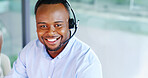 Call center, portrait and headset with business black man in office for insurance broker, consultant and claims advisor. Contact us, premium help desk and agent with person for policy benefits
