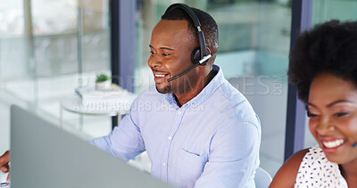 Buy stock photo Contact center, business and happy black man with computer for quality assurance or coworking. Call monitoring specialist, listen and consultant help with feedback, compliance and customer service