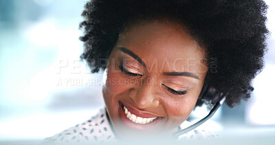 Buy stock photo Happy, black woman and consultant with headset for communication or online tech support. Female person, friendly and helpful agent with smile or mic at call center for virtual assistance in workplace