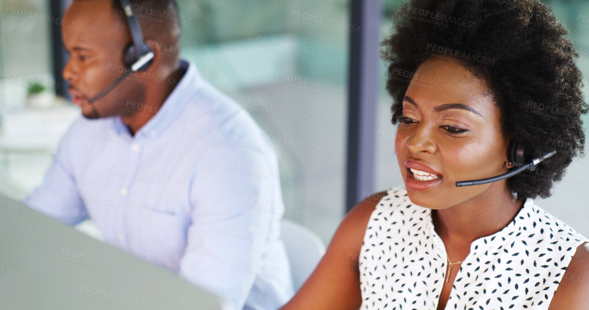 Buy stock photo Contact center, business and black woman with computer for customer service or quality assurance. Call monitoring specialist, listen and consultant help with feedback, compliance and coworking