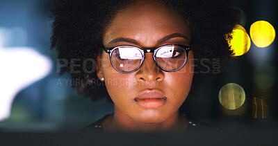 Buy stock photo Business, black woman or tech in office at night for stocks news, trade execution or data analysis. Trader, space or person with computer reflection for portfolio review, investment deadline or bokeh