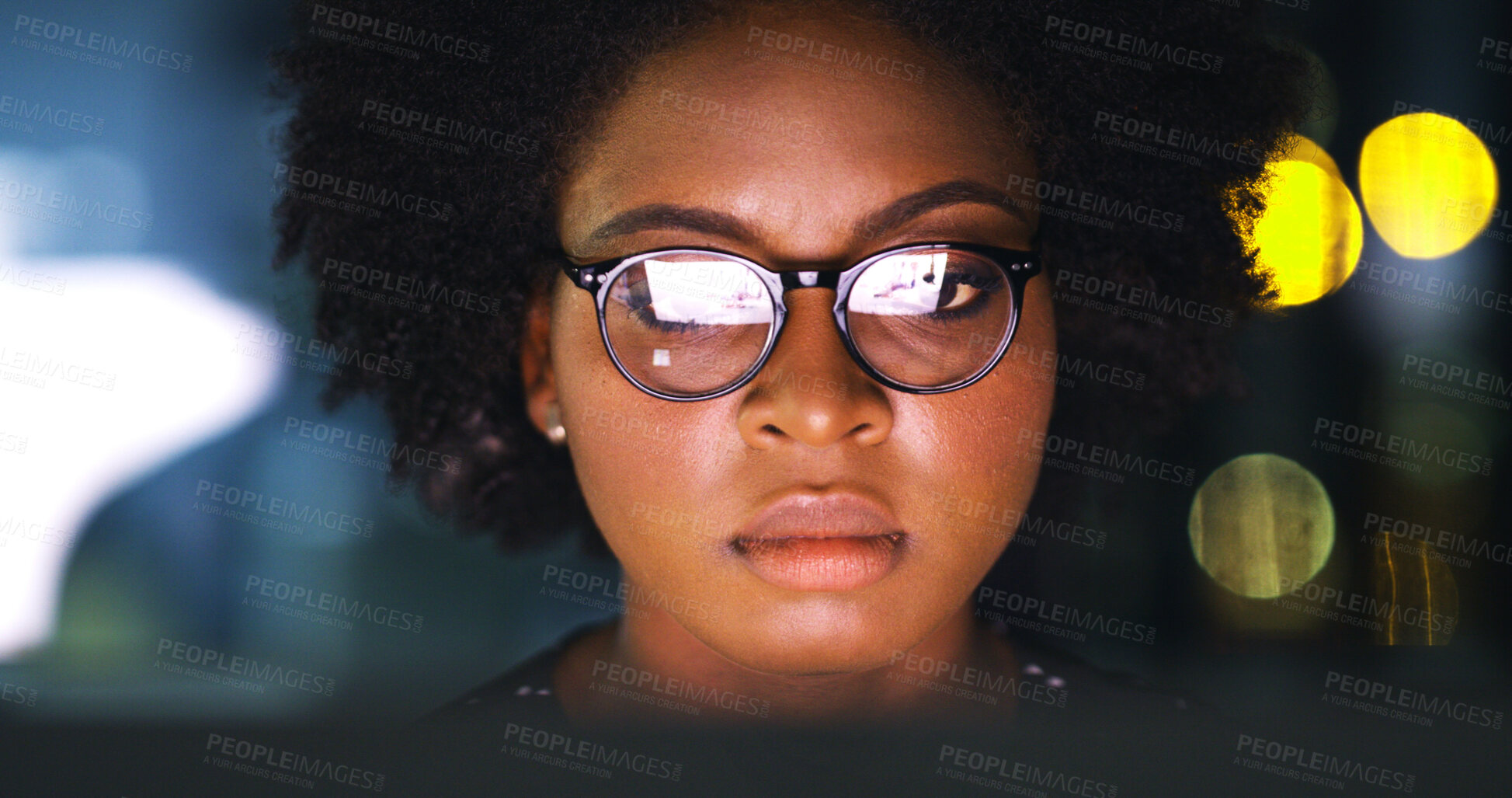 Buy stock photo Business, black woman or tech in office at night for stocks news, trade execution or data analysis. Trader, space or person with computer reflection for portfolio review, investment deadline or bokeh
