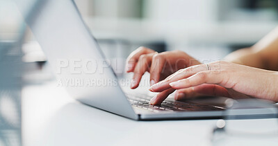 Buy stock photo Hands, business woman and typing on laptop in office for article editing, fast checking or blog review. Creative, editor and tech at publishing agency for proofreading story and journalist feedback