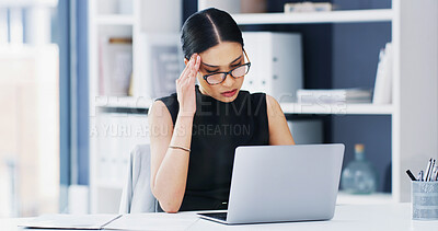 Buy stock photo Finance, headache and laptop with business woman at desk in office for burnout, debt or tax review. Accounting, computer and stress with corporate employee in workplace for investment fail or mistake
