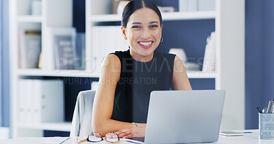 Buy stock photo Portrait, business and happy woman with laptop, internet and email with budget report, pride and trading. Person, employee and investor with smile, computer and research for stock market and proposal