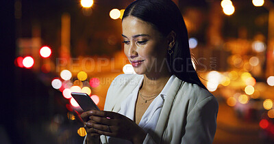 Buy stock photo Phone, reading and night with business woman in city for communication, stock market research and scroll. Account manager, investors deadline and bokeh with person outdoor for online trading
