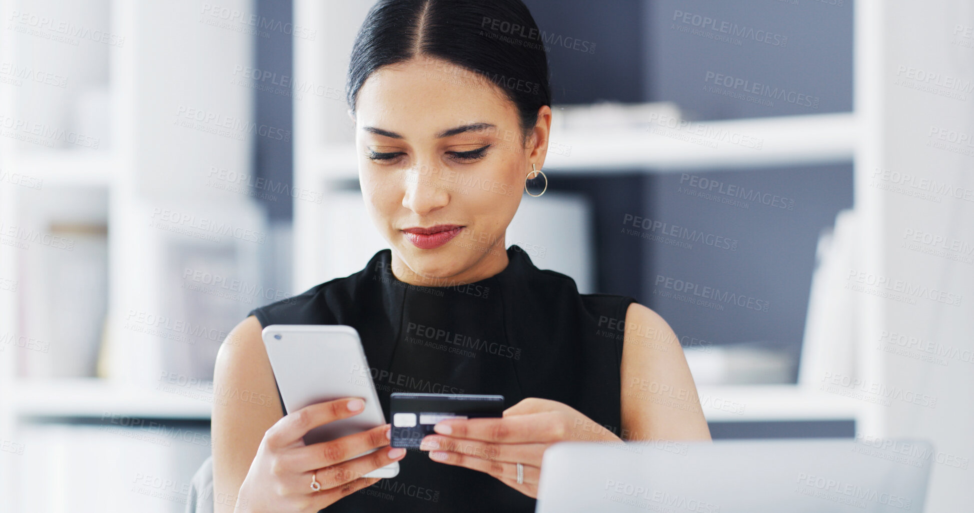 Buy stock photo Phone, credit card and business woman in office with budget, savings or financial investment. Mobile, debit and worker with digital money, virtual banking and online shopping with fintech payment