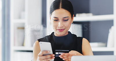 Buy stock photo Phone, credit card and business woman with payment for budget, savings or financial investment. Mobile, debit and worker in office with digital money, virtual banking and online shopping with fintech