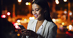 Phone, chat and night with business woman in city for communication, stock market research and scroll. Account manager, investors deadline and bokeh with person outdoor for online trading and app