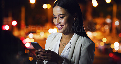 Buy stock photo Phone, chat and night with business woman in city for communication, stock market research and scroll. Account manager, investors deadline and bokeh with person outdoor for online trading and app