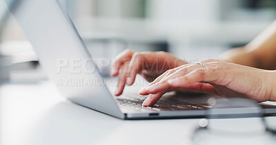 Buy stock photo Creative, woman and hands typing on laptop in office for story editing, fast checking or article review. Editor, person or tech at publishing agency for proofreading submission or source verification