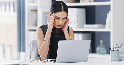 Buy stock photo Finance, laptop and stress with business woman at desk in office for burnout, debt or tax review. Accounting, computer and headache with corporate employee in workplace for investment fail or mistake