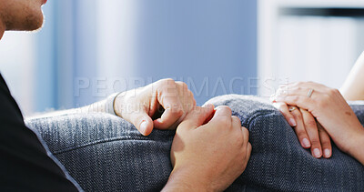 Buy stock photo Hands, talking and relax with couple on sofa for connection, support and marriage. Relationship, trust and bonding with man and woman in living room of home for loyalty, partner and commitment