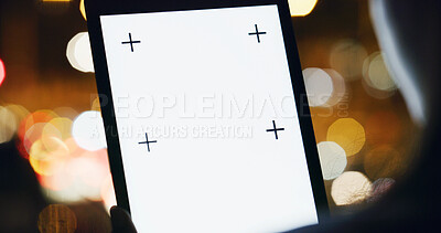 Buy stock photo Person, tablet and screen in city at night for research, social media and bokeh for booking transport. Woman, digital display and mockup space for urban commute, email and directions for working late