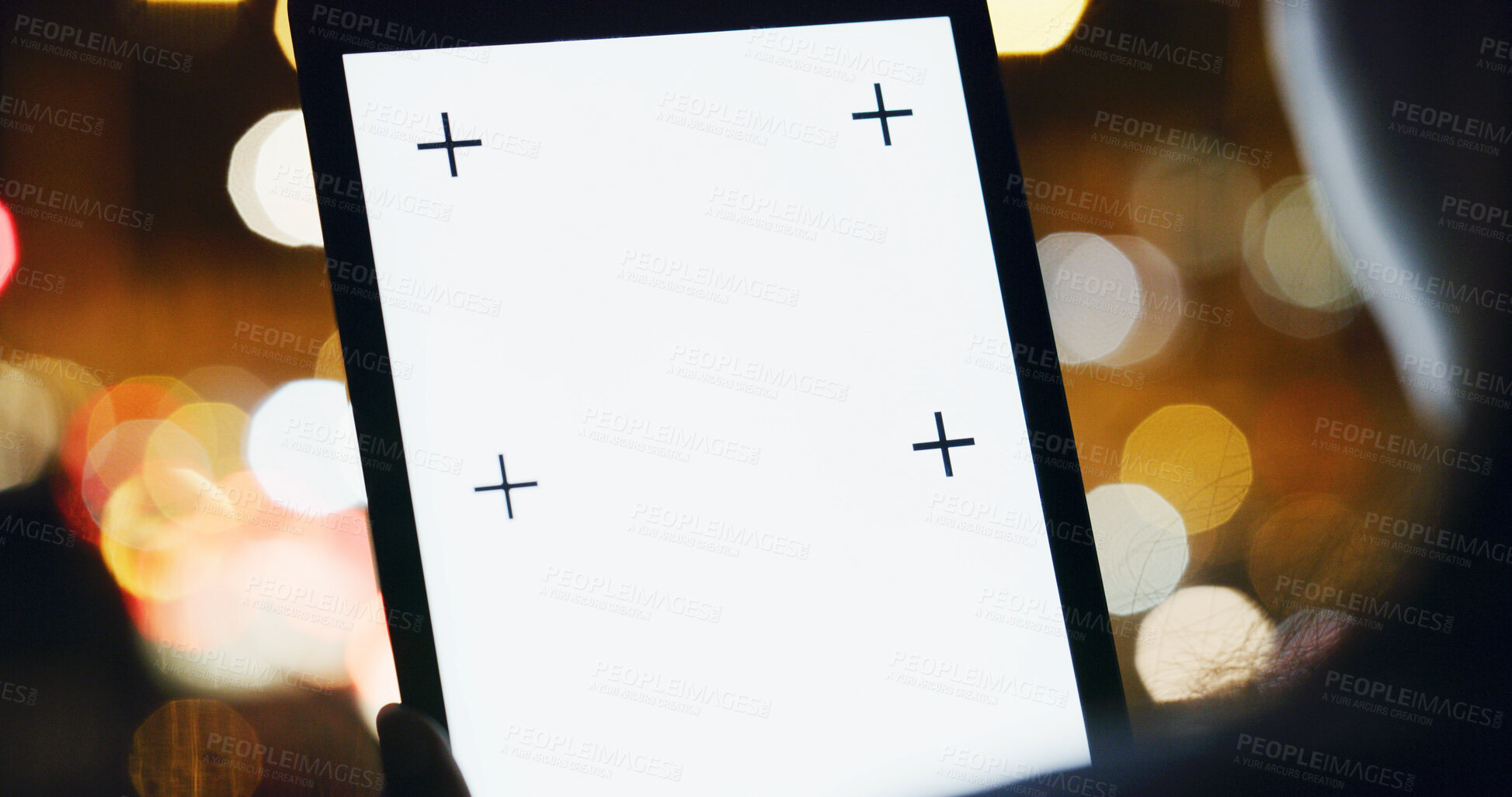 Buy stock photo Person, tablet and screen in city at night for research, social media and bokeh for booking transport. Woman, digital display and mockup space for urban commute, email and directions for working late