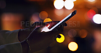 Buy stock photo Hands, tablet and typing with business person in city for communication, stock market research and night. Account manager, investors deadline and bokeh with employee outdoor for online trading