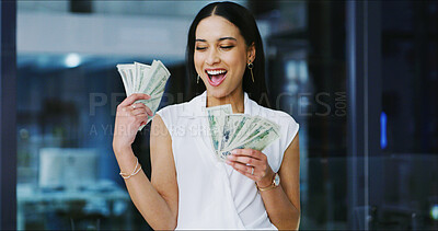 Buy stock photo Happy woman, money fan and winning with cash in office for profit, company increase or salary bonus. Excited, female person or promotion in celebration with dollar bills for pay or financial success