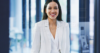 Buy stock photo Portrait, employee and woman with pride, office or trainee with smile for career growth or ambition. Happy, person and internship for experience in corporate, opportunity and confident in New York