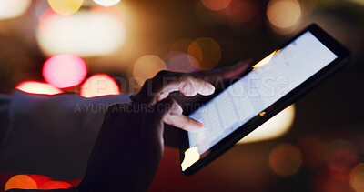 Buy stock photo Hands, tablet and night with business person in city for communication, stock market research and scroll. Account manager, investors deadline and bokeh with employee outdoor for online trading