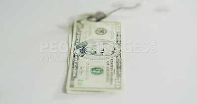 Buy stock photo Money, financial and payment with cash on table for accounting, investment growth and profit. Economy, banking loan and trading dividend with dollar on white background for space, budget and salary 