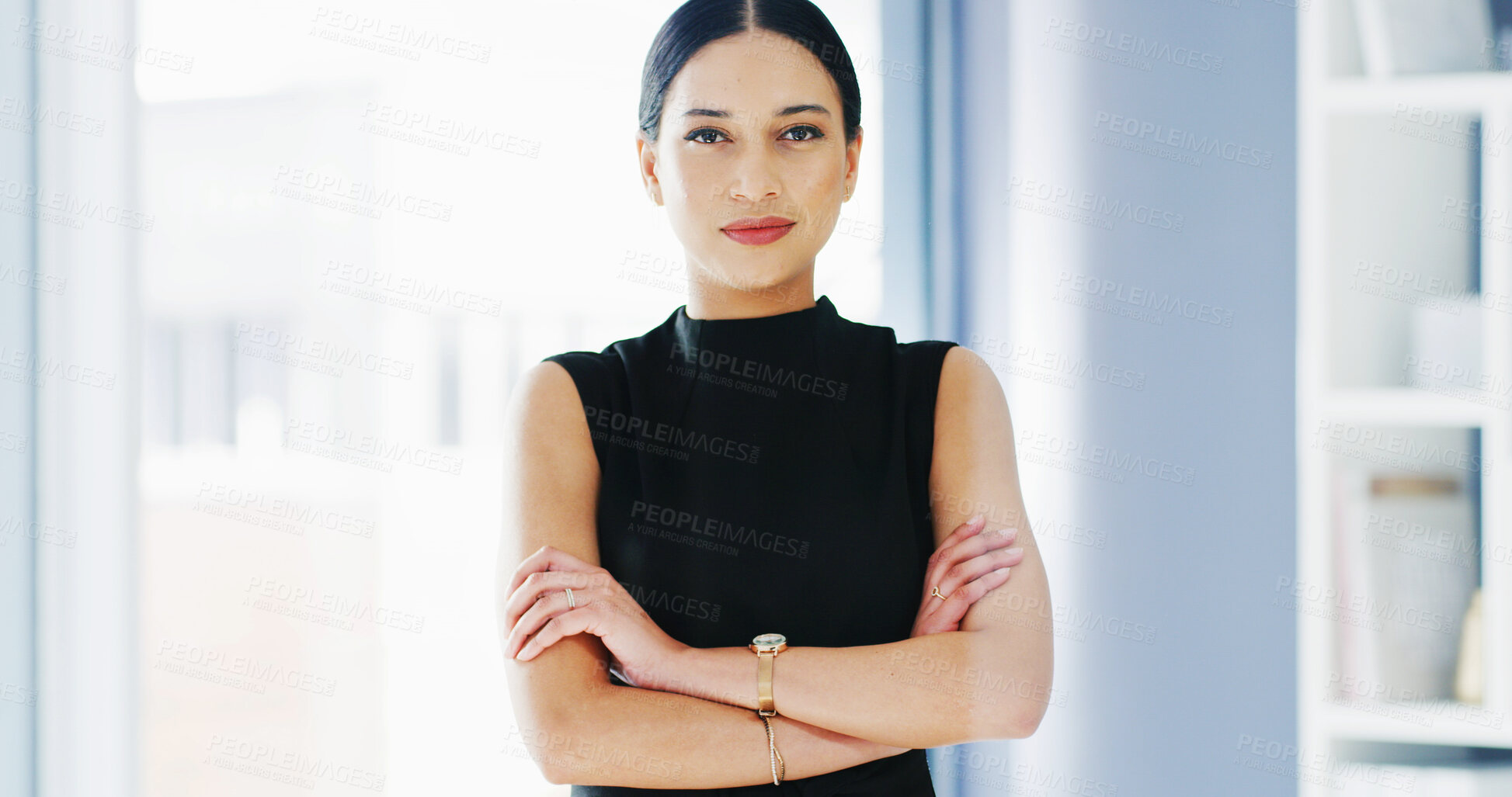 Buy stock photo Portrait, business or woman in office with confidence, professional or entrepreneurship for empowerment. Smile, consultant or employee in workplace with crossed arms, ambition or growth in company