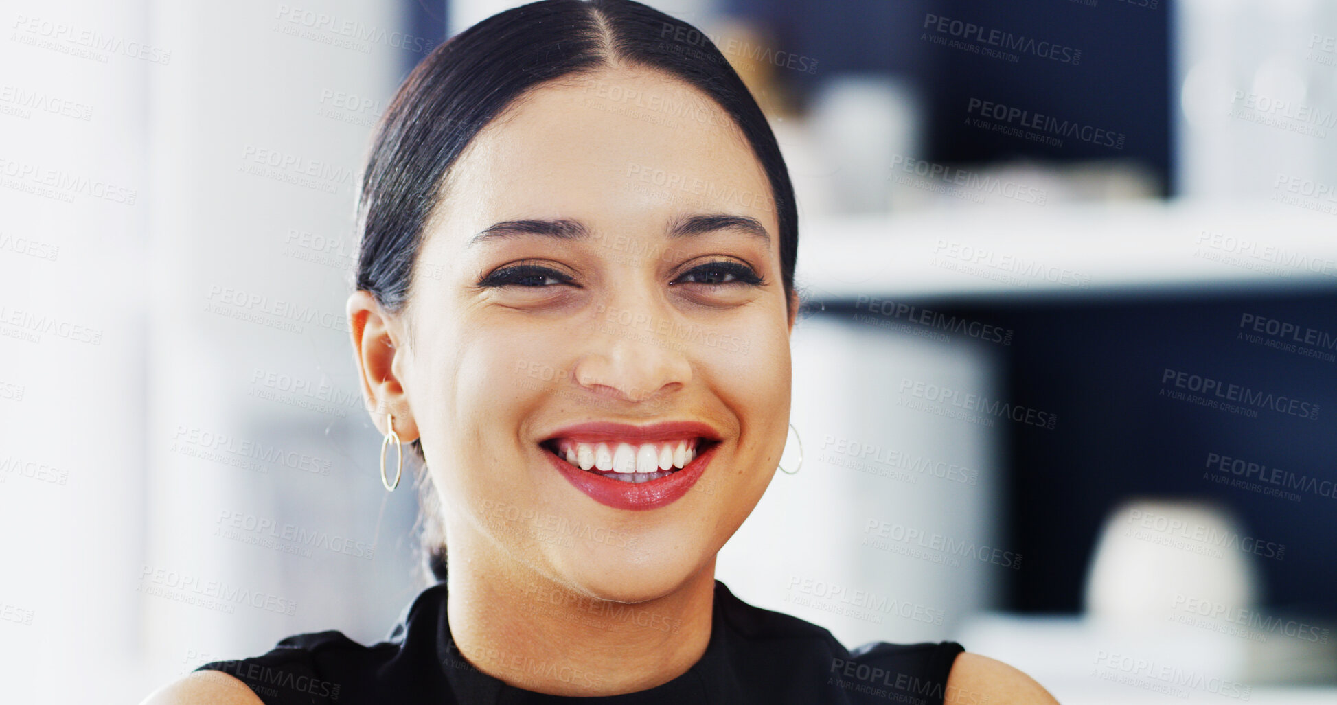 Buy stock photo Portrait, business and woman in office with smile, success and ambition for company. Happy, face and person in workplace with growth mindset, professional and positive energy for career opportunity.