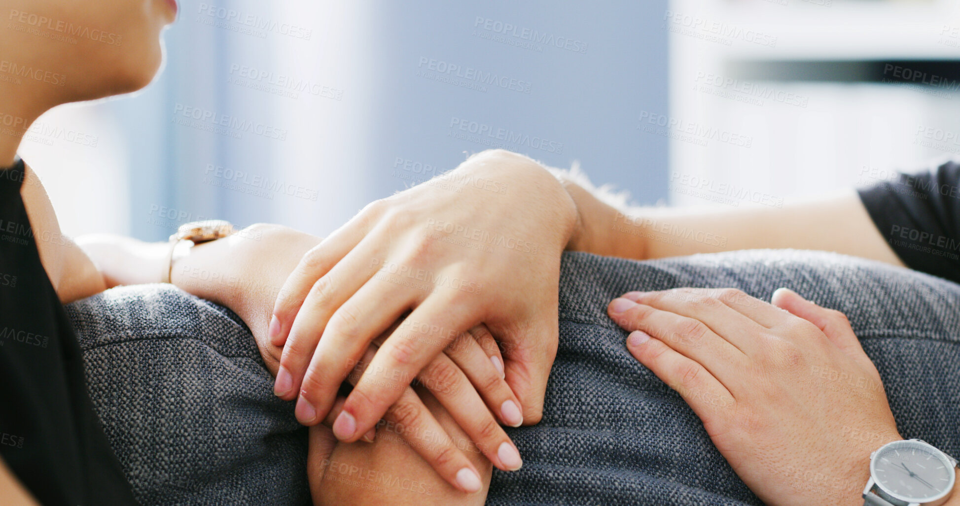 Buy stock photo Home, couple and holding hands for care, support and connection with partner for commitment. Trust, love and people together for comfort, bonding and loyalty in marriage for relationship in house