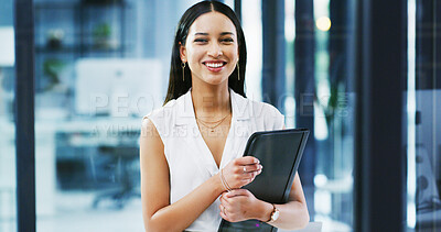 Buy stock photo Portrait, employee and woman in office, excited or trainee with ambition for career growth or space. Happy, person and internship for experience in corporate, opportunity and confident in New York