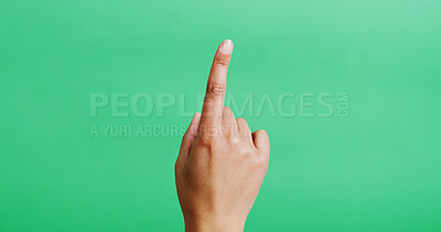Buy stock photo Hand, click and person with finger, green screen and swiping with dashboard. Closeup, mockup space or user with personalized experience, pointing and interactive with virtual interface and press